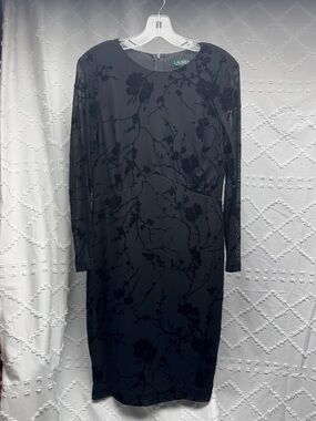 Lauren Ralph Lauren Black Floral Flock Print Mesh Sheath Dress Size 10